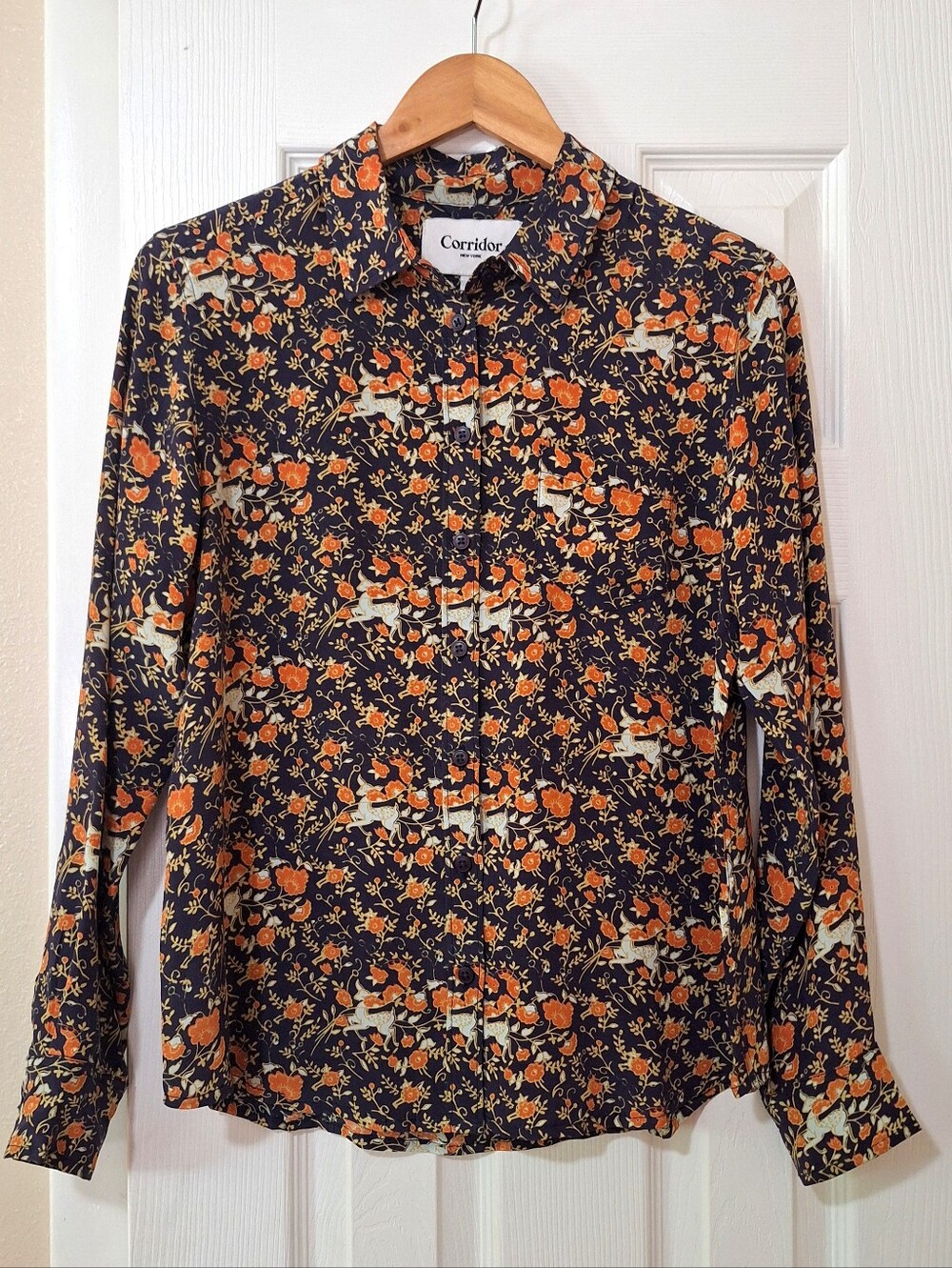 Corridor Women's Silk Maximal Deer Print Button-Up Shirt Size 6
